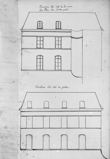 Maison du 18 rue Sainte-Catherine (non étudiée). Elévation des façades du côté de la cour et du côté du jardin.