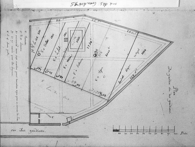 Maison non identifiée, rue des Gaudières. Plan d'un jardin. Vue d'ensemble.