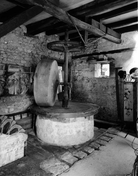 Vue d'ensemble du moulin : socle, auge et meule cylindfrique.