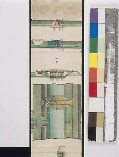 Plan et coupes d'ouvrages d'art établis sur une portion de canal : projets concernant le canal de jonction entre la Loire et le Cher, non daté. Détail.