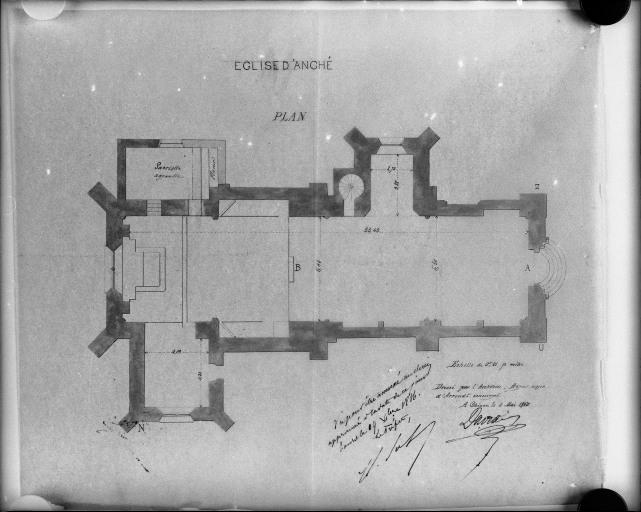 Plan de l'église d'Anché dressé par l'architecte agent voyer d'arrondissement Daviau à Chinon le 4 mai 1866. Echelle 1/100e.