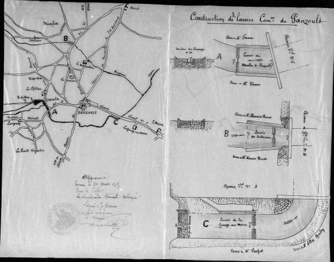 Projet de construction de trois lavoirs sur la commune de Panzoult, 1905 : lavoir du moulin de Panzoult, lavoir de Bottereau, lavoir de la Grange-aux-Moines.