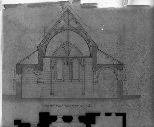 Coupe transversale, façade ouest. Projet non exécuté.