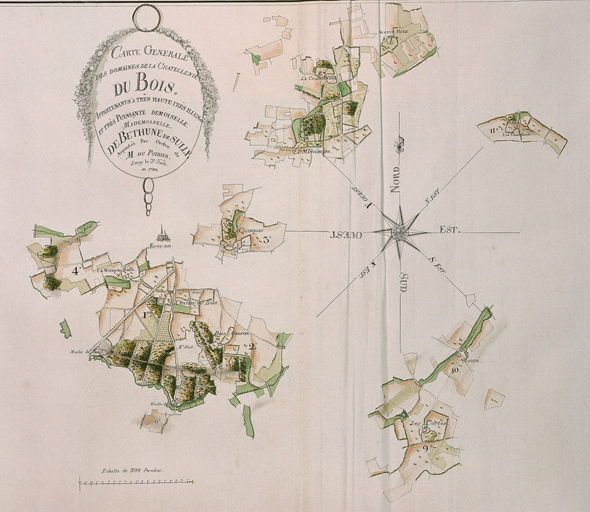 Atlas de Béthune Sully. 4e quart du 18e siècle. Page de titre. Carte des domaines de la chatellenie du Bois.