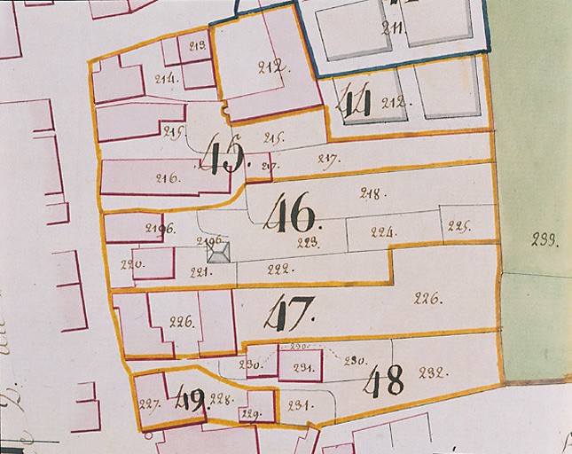 Détail du plan du bourg. Plan de l'église : n°216. Atlas de Béthune Sully. 4e quart du 18e siècle.