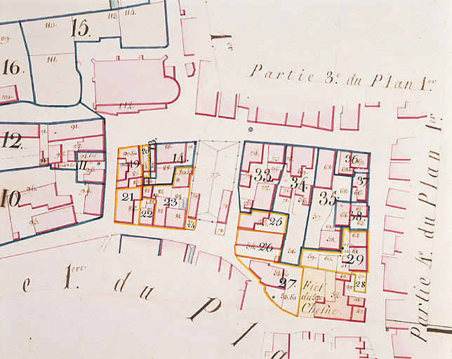 Plan de l'église. Détail du plan du bourg. Atlas de Béthune Sully. 4e quart du 18e siècle.