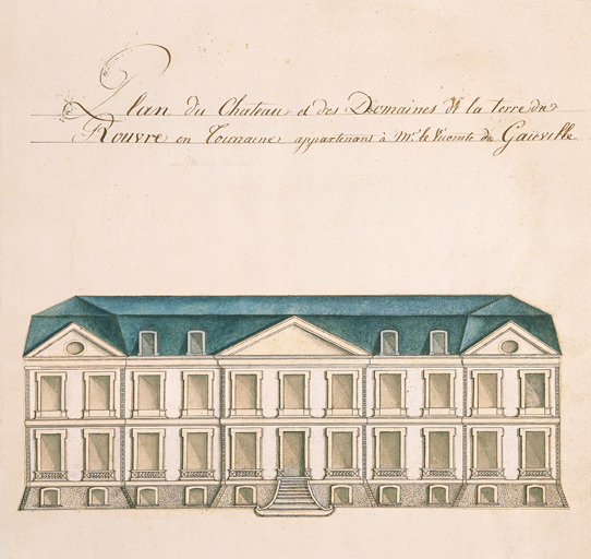 Plan du château et des domaines de la terre de Rouvre en Touraine appartenant à M.le vicomte de Gauville. Projet d'élévation de la façade du château. Atlas de Béthune Sully. 4e quart 18e siècle.