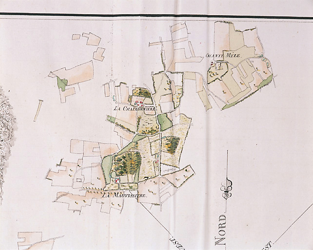 Atlas de Béthune Sully, 4e quart du 18e siècle. Carte des domaines de la chatellenie du Bois. Page de titre : détail. La Chapronnière, la Mauvissière, Chante Mesle.