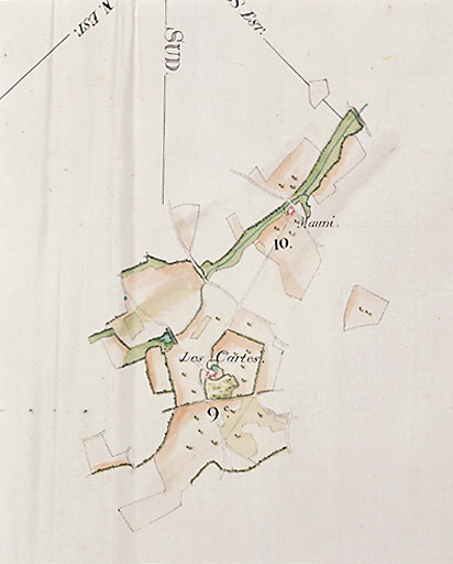 Atlas de Béthune Sully. 4e quart du 18e siècle. Carte des domaines de la chatellenie du Bois. Page de titre. Détail : Mauny, les Cartes.