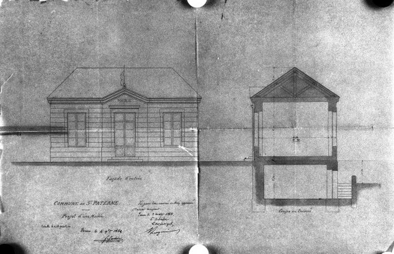 Plan de construction d'une mairie, dressé par l'architecte Guérin en novembre 1861. Façade et coupe.