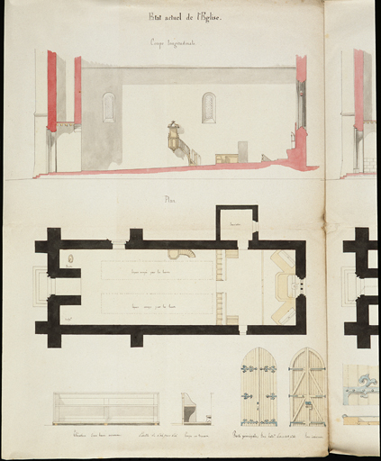 Projet de réparations à faire dans l'intérieur de l'église, dressé par l'architecte Cochard. Etat actuel de l'église.25 août 1856. Aquarelle sur papier.