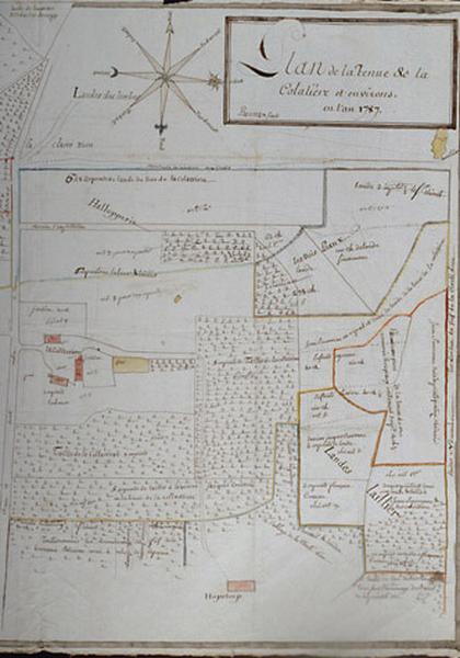 Plan des frèches et terres, paroisse de Saint Paterne. Minute des plans de la prévoté d'Oë à Neuillé, Neuvy et Saint Paterne. Plan de la tenue de la Colassière, 1787.