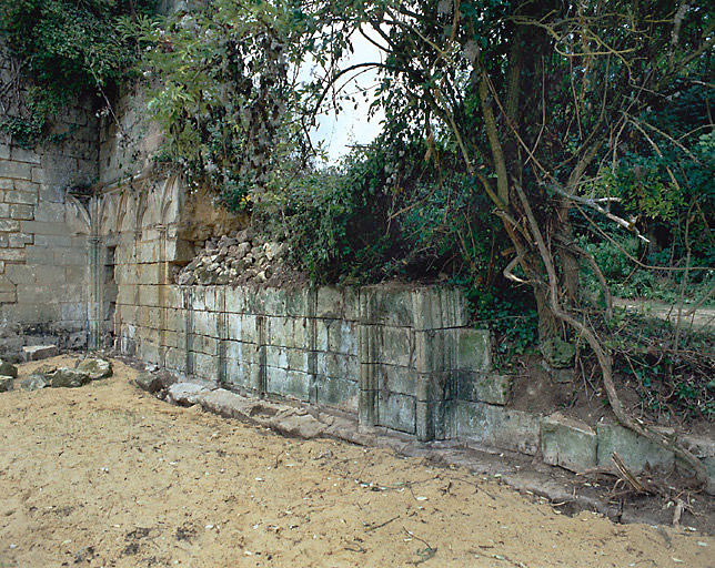 Vestiges du cloître. Vue d'ensemble des arcatures et du mur du cloître situés au revers du mur sud de l'église, visibles après le dégagement en août 1999.