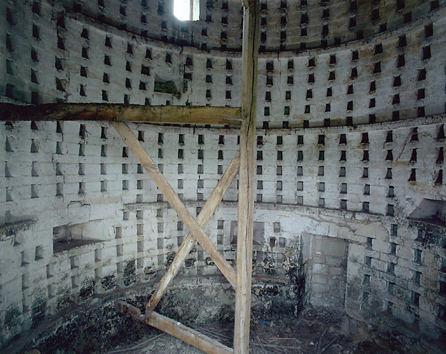 Vue intérieure du pigeonnier. Boulins et échelle tournante.