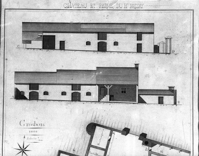 Château et ferme du Haut Brizay : Grosbois, planche n°9, 1866 : Elévation des bâtiments fermant la cour à l'est et à l'ouest.