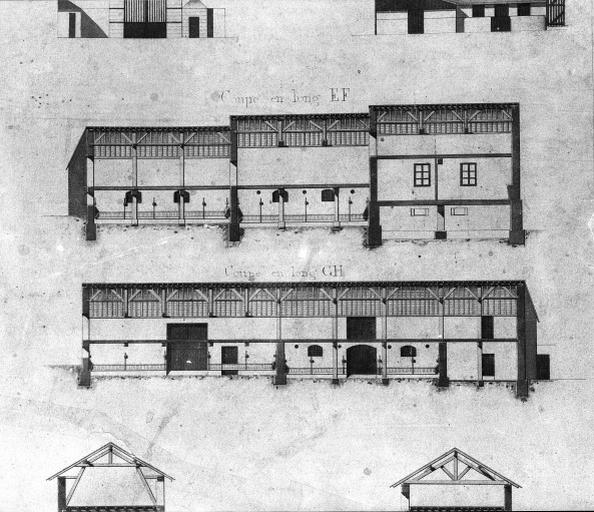 Château et ferme du Haut Brizay : Grosbois, planche n°10, 1866 : Coupe des deux bâtiments principaux.