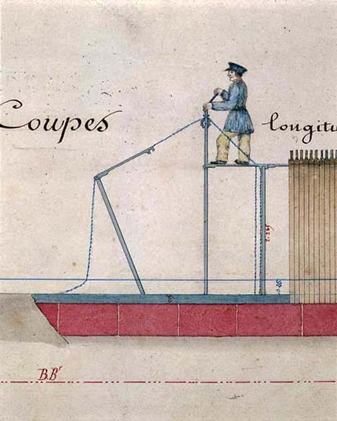 Projet de reconstruire le barrage mobile par l'ingénieur en chef Scherer et l'ingénieur ordinaire Descombes, 9 avril 1868. Détail représentant le barragiste manoeuvrant une fermette à l'aide d'un treuil mobile.