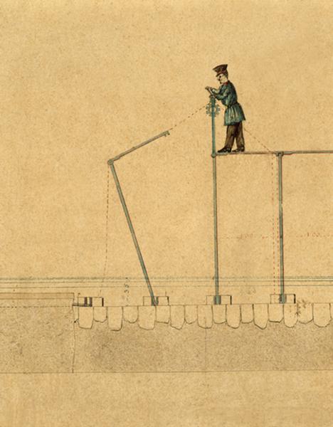 Projet de reconstruire le barrage mobile par l'ingénieur en chef Scherer et l'ingénieur ordinaire Descombes, 4 mars 1866. Détail représentant le barragiste manoeuvrant une fermette à l'aide d'un treuil mobile.