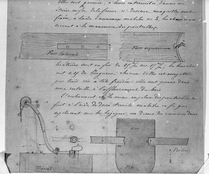 Détail des poutrelles du barrage et d'un treuil mobile, 1882. Le barrage à poutrelles se compose de quatre pertuis ménagés dans deux arches du pont du bras gauche. Les deux pertuis les plus voisins de l'écluse ont 3, 53 m de largeur chacun et les deux autres 9, 72 m. Les poutrelles glissent dans des rainures de 0, 20 m sur 0, 20 m ménagées dans les maçonneries des piles. Les poutrelles (en sapin du nord) sont soulevées grâce à des treuils.