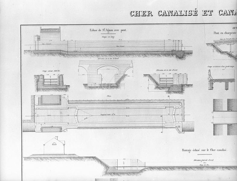 Coupe, plan et élévations de l'écluse.