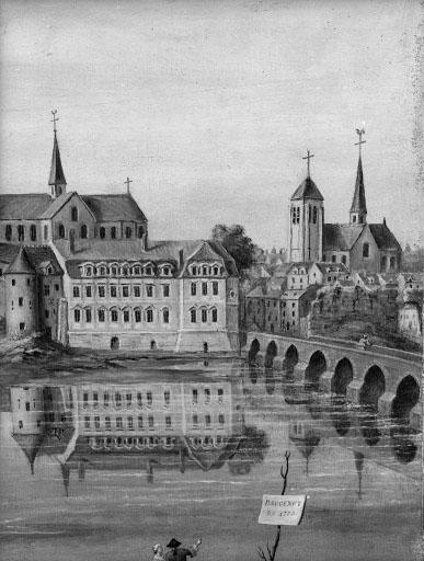 L'abbaye, le pont, l'église Saint-Nicolas et la porte l'Argentier d'après un tableau anonyme peint en 1770.