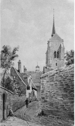 La rue de l'Evêché aquarellée à partir d'une photographie de Th. Masson et le haut du clocher-porche de Saint-Firmin.