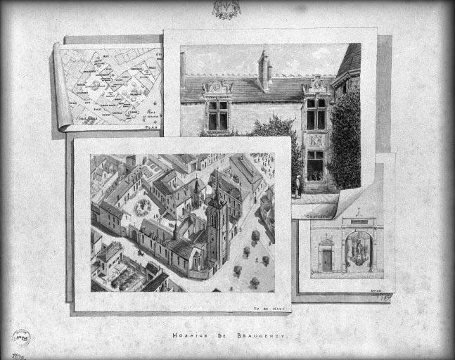 Plan-masse et vue aérienne de l'hospice, détail de la façade du bâtiment Renaissance et portail d'entrée.