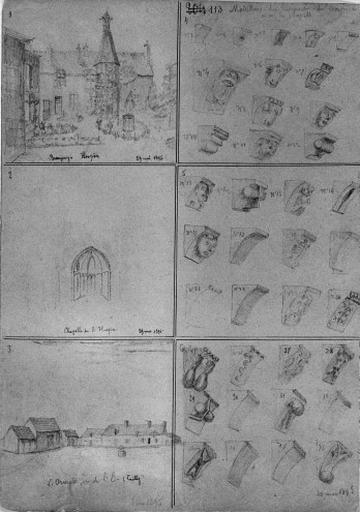 Dessins des modillons du bâtiment roman à usage de salle des malades et chapelle.