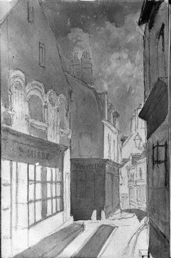 Dessin lavé de la façade principale sur rue et de l'environnement de la maison vers 1875.