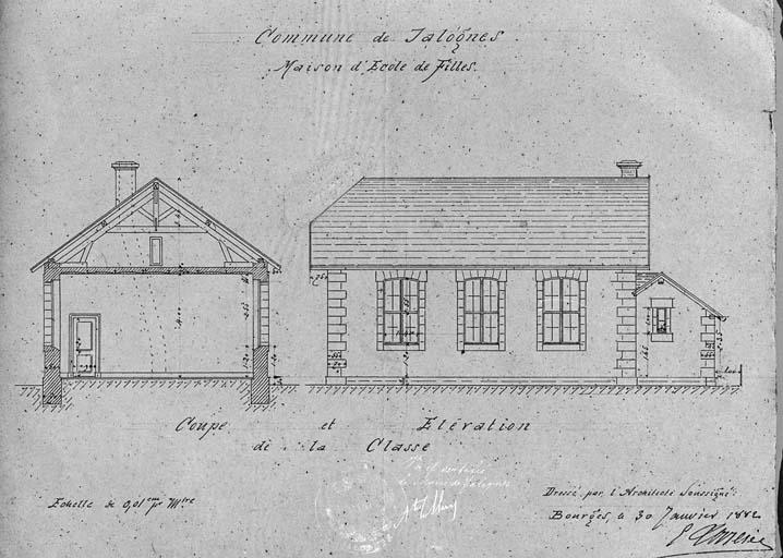 Jalognes, école primaire de filles : coupe et élévation de la classe.