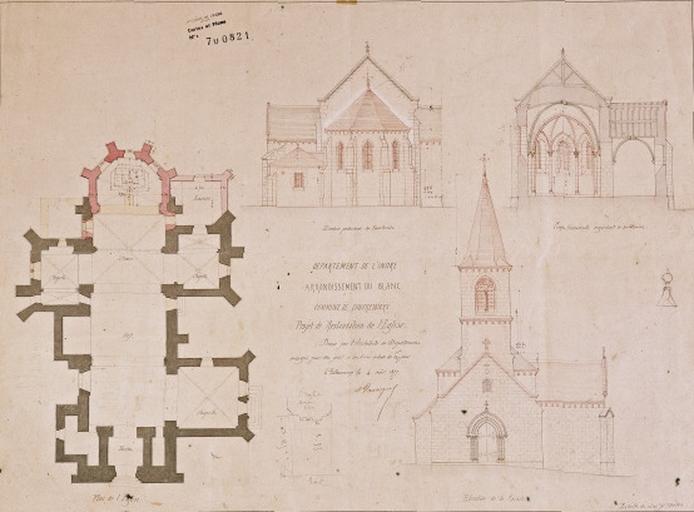 Projet de restauration de l'église, au 1/100e, signé et daté A. Dauvergne, le 4 août 1877.