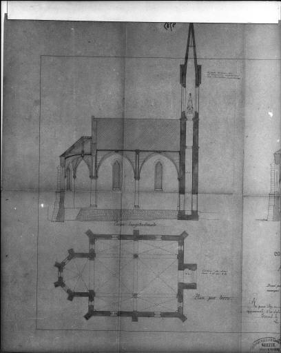 Projet de reconstruction de l'église : coupe longitudinale et plan.