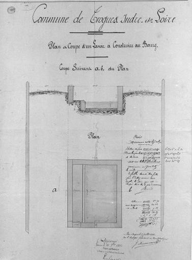 Plan et coupe d'un lavoir à construire au bourg.