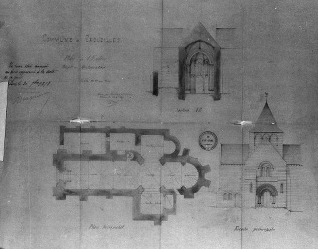 Plan de l'église, projet de restauration : plan, coupe transversale et élévation de la façade ouest, 1877.