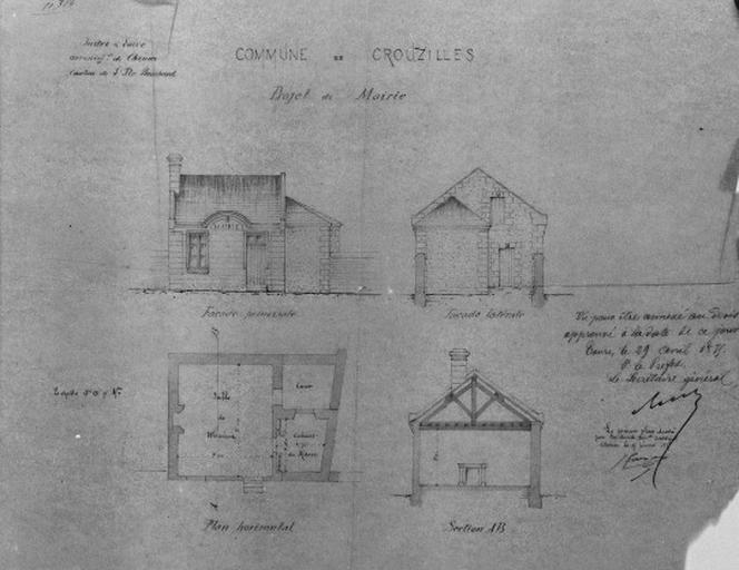 Projet de construction d'une mairie : plan, coupe, élévation ; 1875.