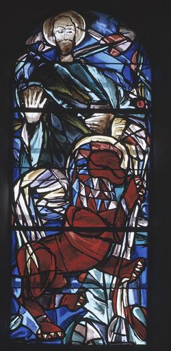 Ensemble de 7 verrières hagiographiques (baies 0 à 6) et 1 verrière abstraite (baie 11) : vierge à l'Enfant, sainte Solange, saint Joseph, les 4 évangélistes