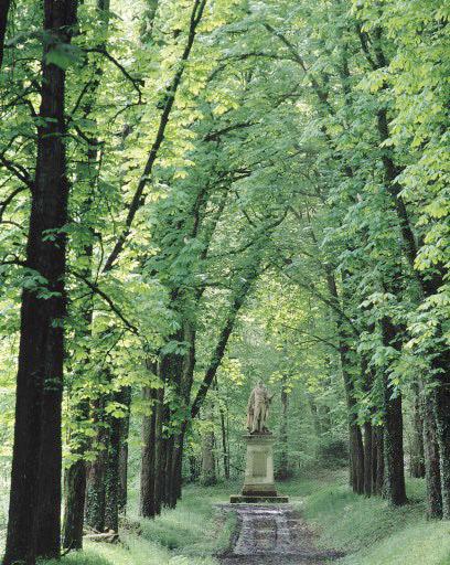 Parc, allée boisée et statue du comte Jean-Pierre de Montalivet.