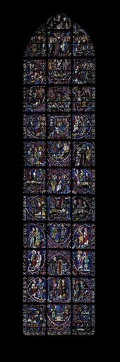 Ensemble de 36 verrières : scènes de la vie du Christ, scènes de la Vie de la Vierge, scènes de la vie des saints et martyrs, la vie de Charlemagne, donateurs, apôtres, le zodiaque et travaux des mois