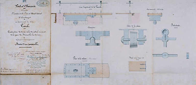 Dessin de la passerelle des cales de radoub, coupe longitudinale et détails, 18 octobre 1864.