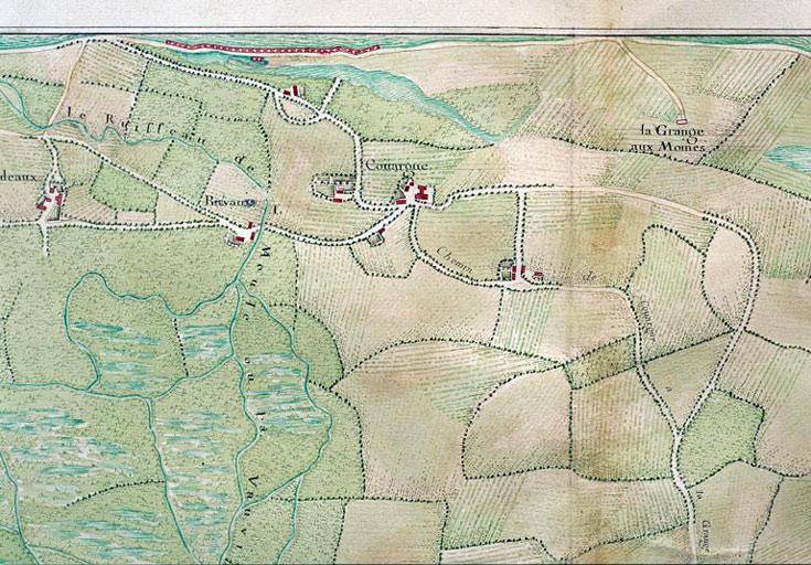 Carte de la généralité de Bourges, n°18 : route de Paris à Bourbon l'Archambault passant par la Charité sur Loire et Sancoins. Détail : Couargues.