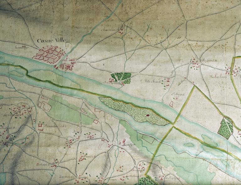 Plan du comté de Sancerre par Barbier, 1674. Détail sur Cosne. (archives nationales, NI Cher 3).