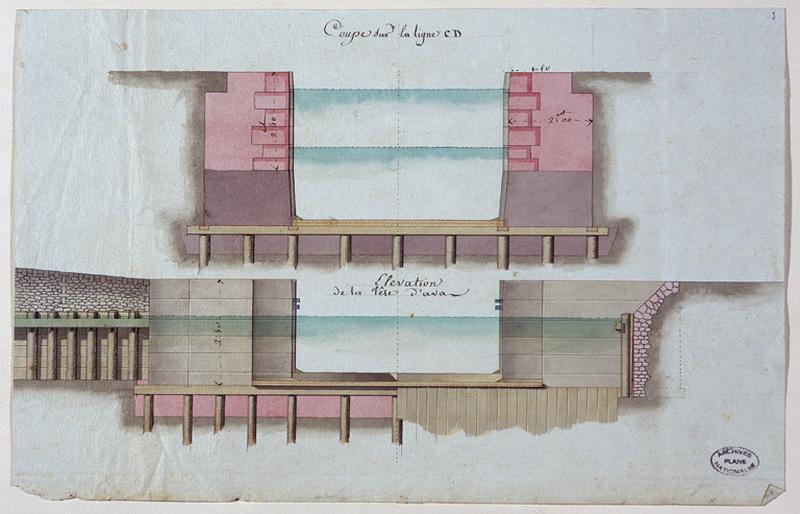 Coupe sur la ligne CD et élévation de la tête d'aval d'une écluse.