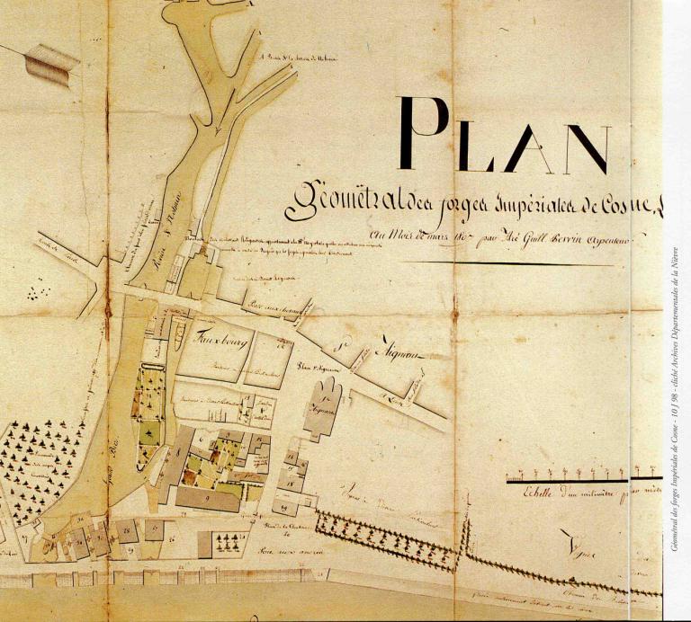 Plan géométral des forges impériales de Cosne levé en mars 1807 par l'arpenteur Aré Guill Perrin. Détail. (archives départementales de la Nièvre, 10 J 98).