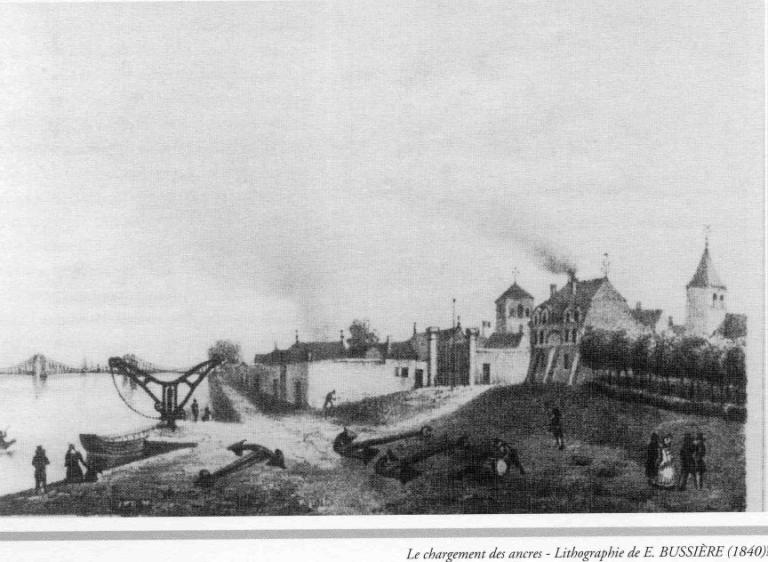Le port de Cosne vers l'aval, lithographie de Edmond Bussière publiée en 1840. (archives départementales de la Nièvre).