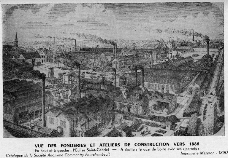 Vue des fonderies et ateliers de construction vers 1886, avec à droite les aménagements portuaires sur la Loire (grue, voies ferrées).