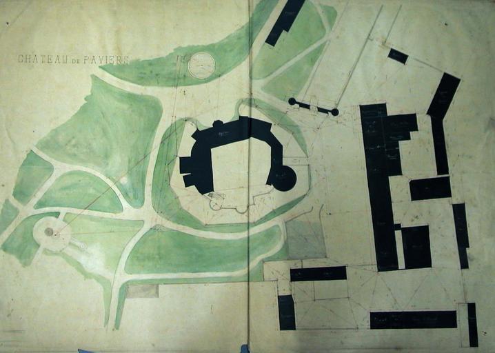 Plan du château de Paviers : château, parc et dépendances.