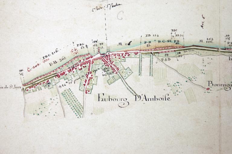 Plan de la Loire entre le Bec de la Sisse(sic) et Rochecorbon, non daté (XVIIIe siècle). (archives départementales d'Indre-et-Loire, Plan II/3.1.15 (1)).