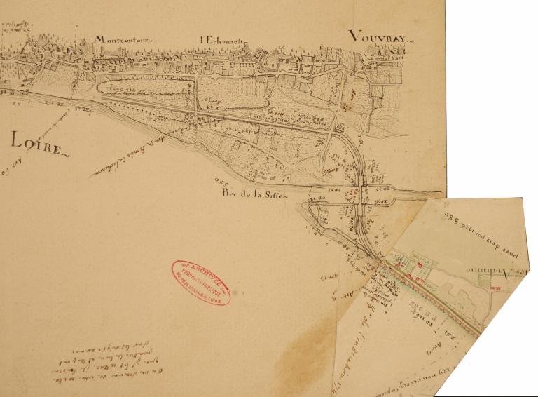 Vue de la ville d'Amboise depuis l'île d'Or (aval du pont), gravure de Karl Girardet, 1855. Présence de la travée suspendue construite en 1847.