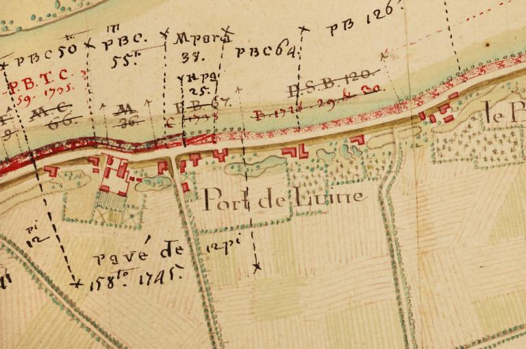 Plan relatif à une demande de la Compagnie des nouveaux aciers fins et fondus d'Amboise, plan approuvé le 5 mai 1788 par M. de la Millière. Mention du port de la ville d'Amboise. (archives nationales, F 14 1202).