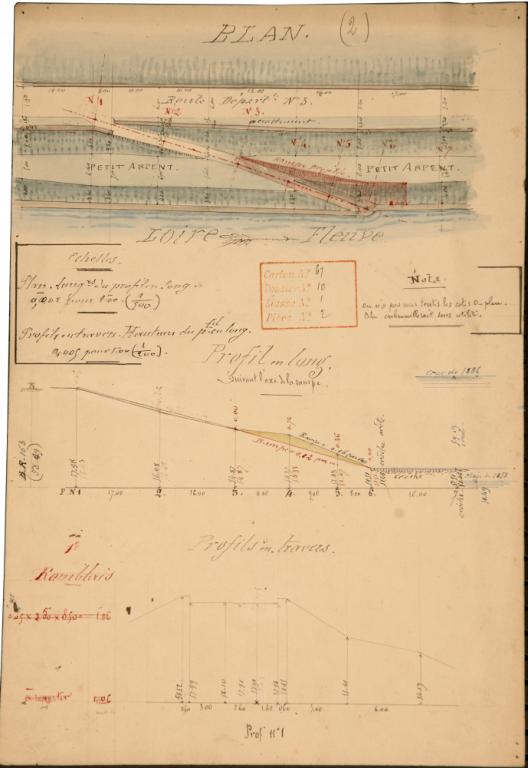 Plan du cours de la Loire aux abords du pont de Tours indiquant l'état de la navigation dans cette partie du fleuve, dressé par l'ingénieur Cormier le 15 juillet 1837. Détail. (archives nationales, F 14 6613).